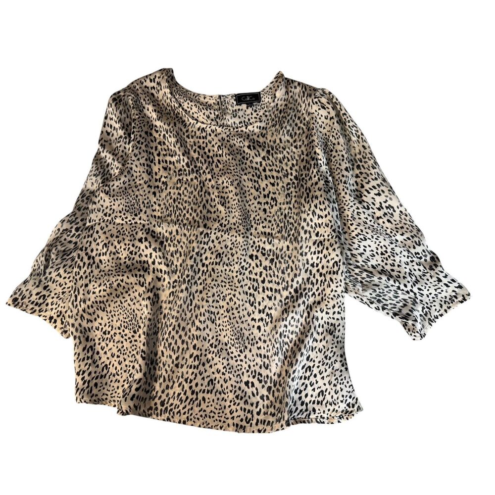 Cider Women’s Leopard Print Top Size L Beige Black Button Front Soft Draped